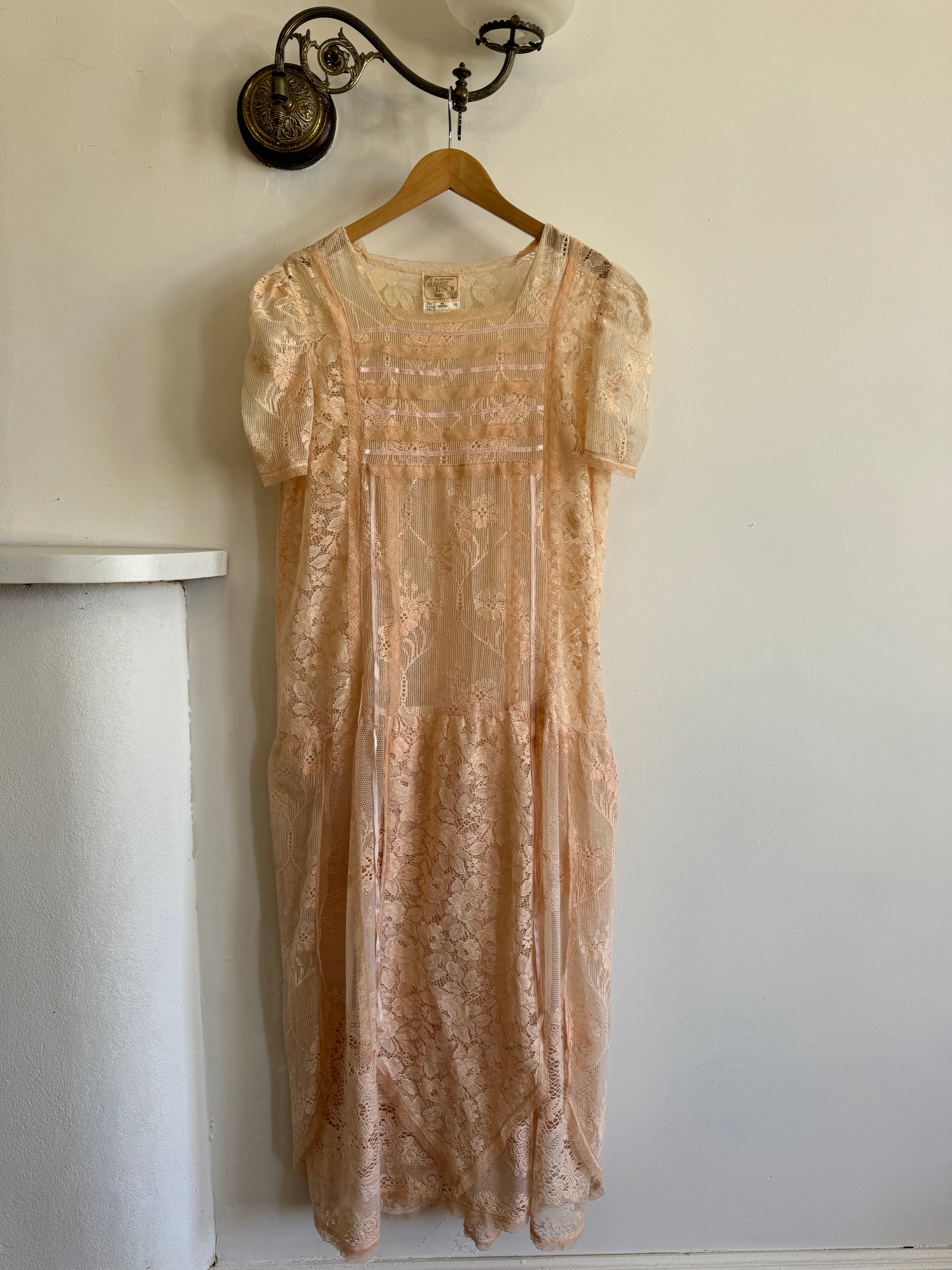 Vintage 70s Peach Cotton Lace Drop Waist Dress