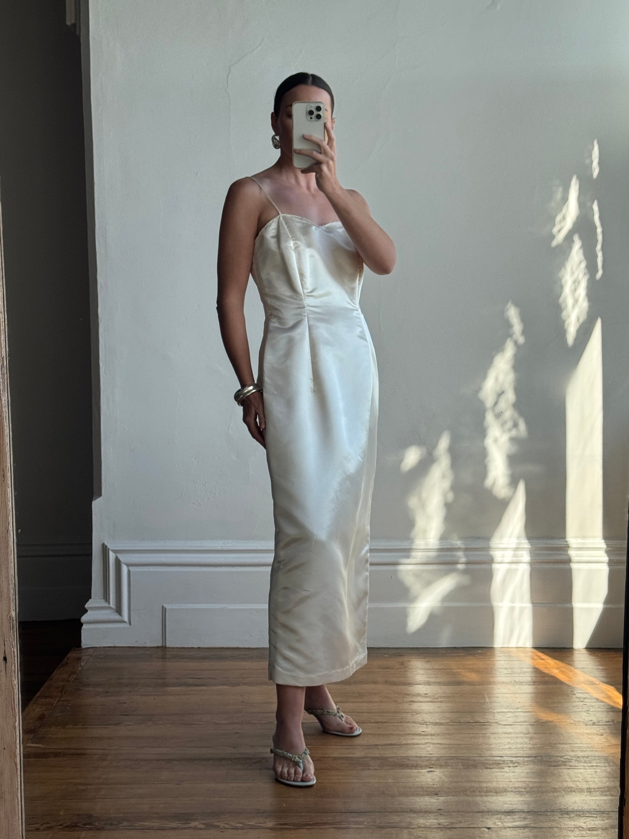 Vintage 90s Ivory Satin Column Midi with Rosette
