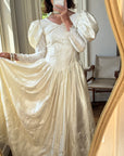 Vintage 80s Puff Sleeve Vine Satin Wedding Gown