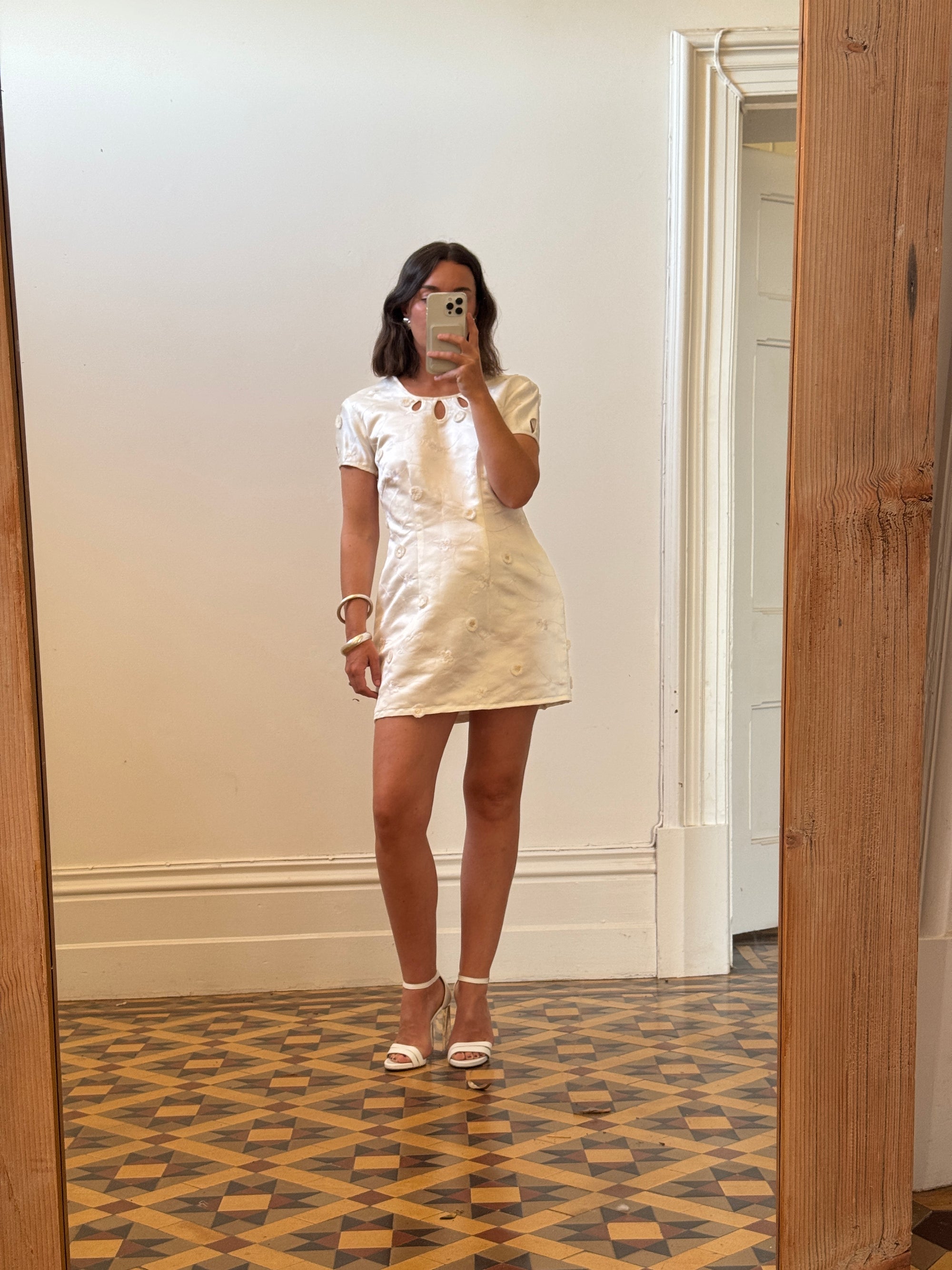 Vintage Ivory Satin Keyhole Embroidered Bridal Mini Dress