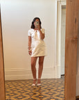 Vintage Ivory Satin Keyhole Embroidered Bridal Mini Dress