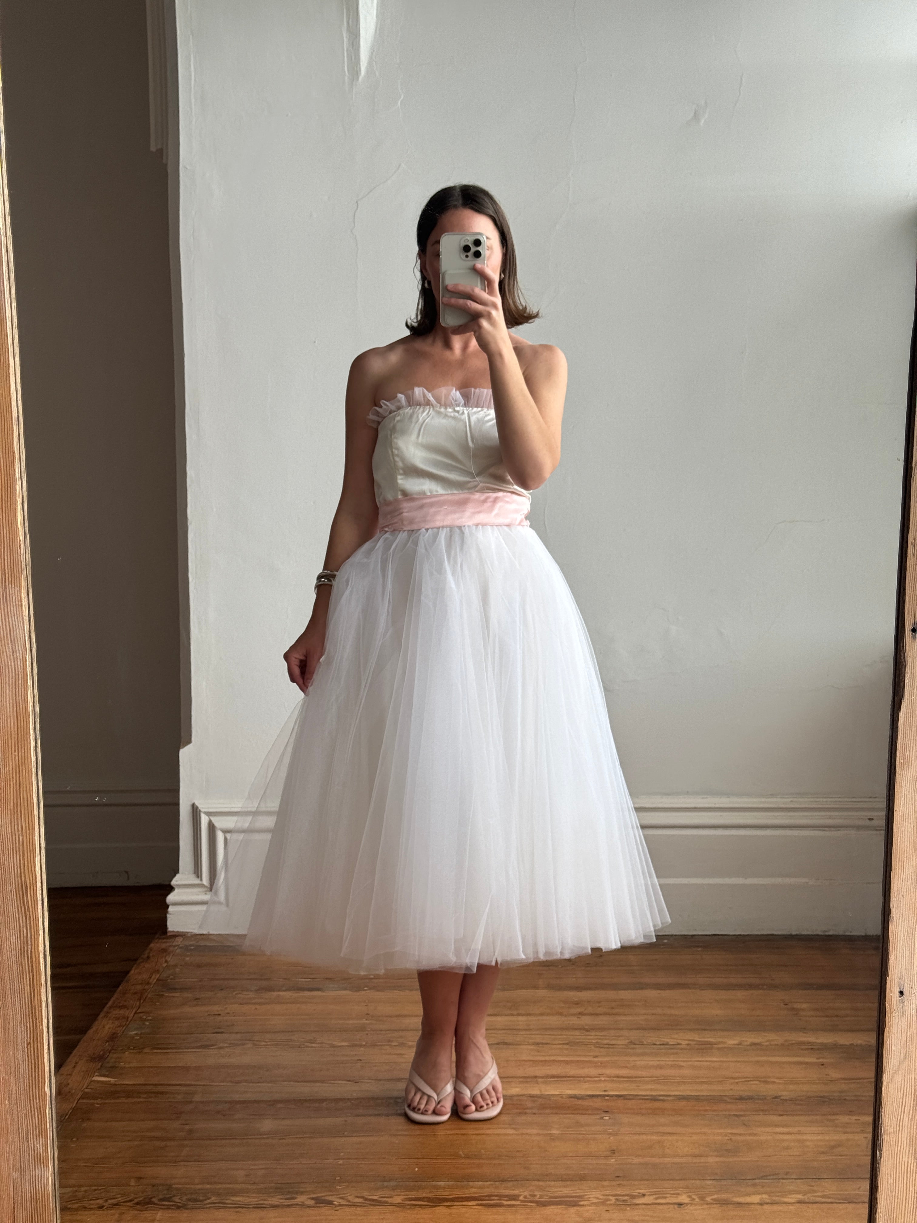 Vintage 80s Cupcake Tulle Dress With Salmon Waist Tie
