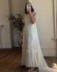 Vintage 70s Creme Tiered Lace Wedding Dress with Pleats