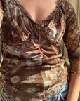 Vintage Y2K Ruched Brown Lettuce Hem Top