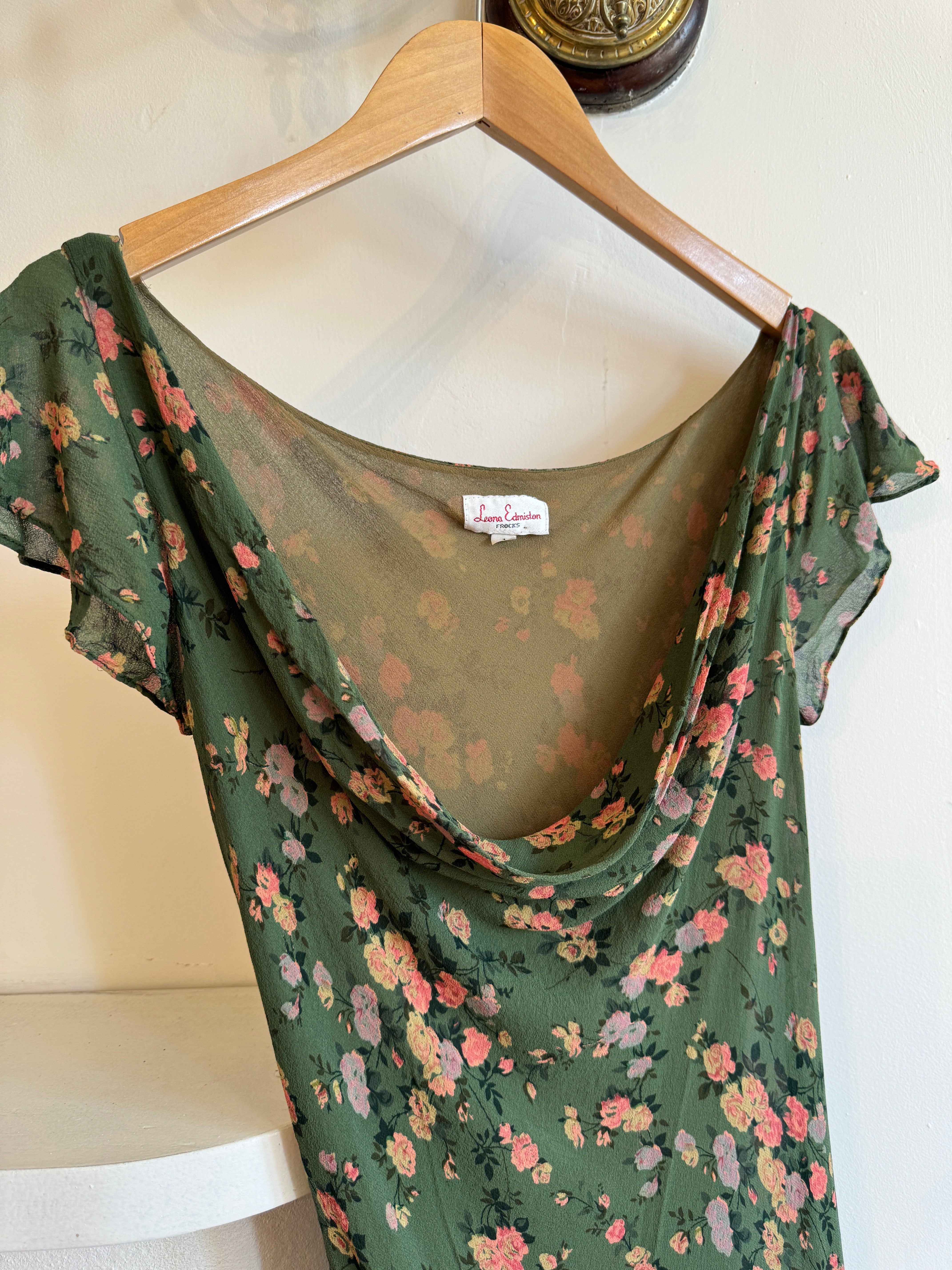 Vintage Leona Edmiston Silk Floral Dress Olive