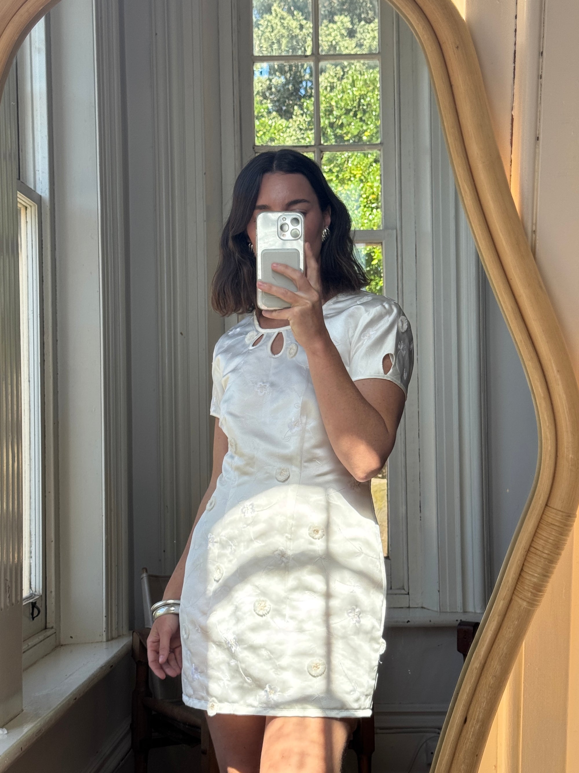 Vintage Ivory Satin Keyhole Embroidered Bridal Mini Dress