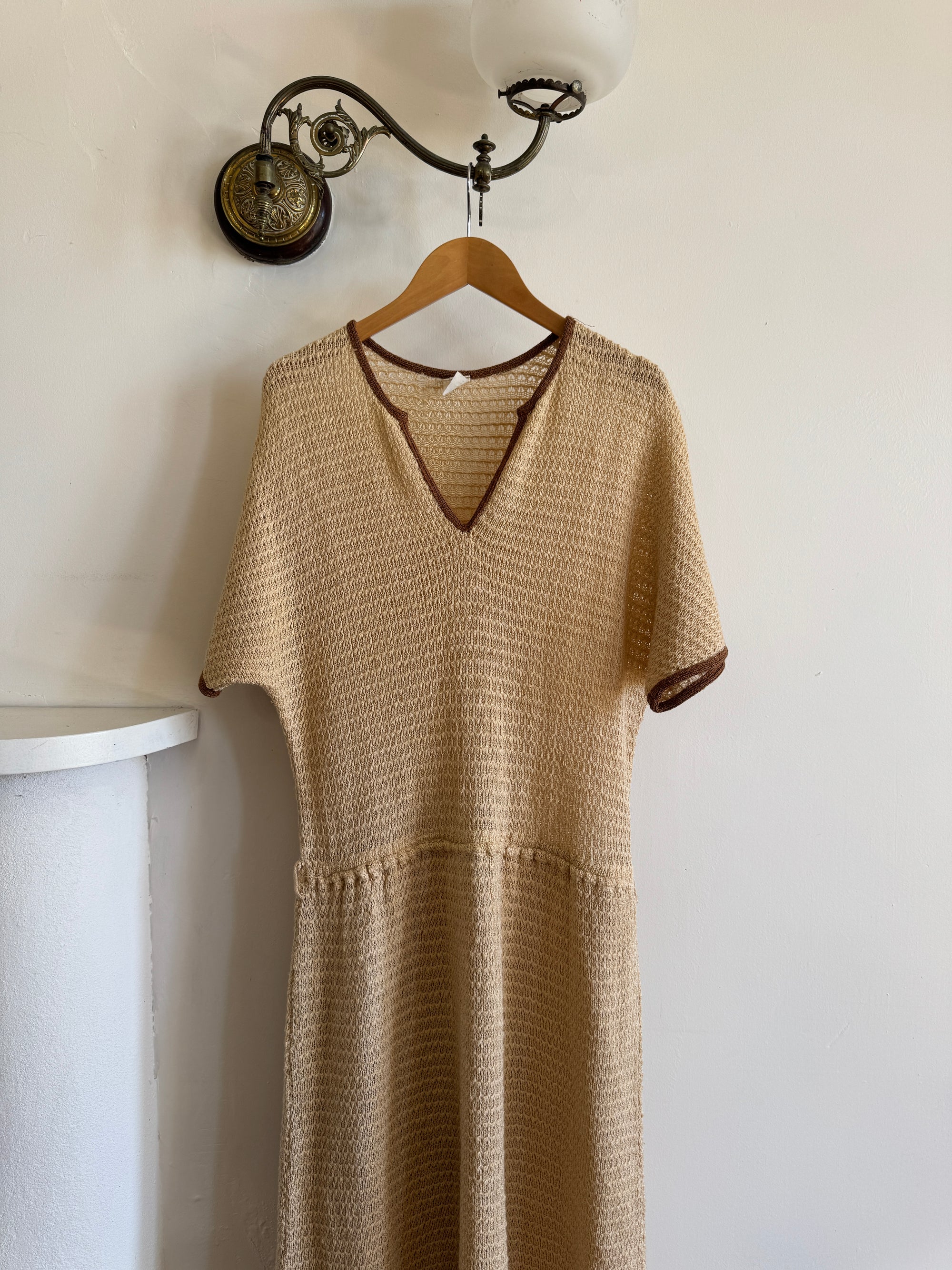 Vintage 70s Silk Blend Crochet Knit Drop Waist Maxi Dress