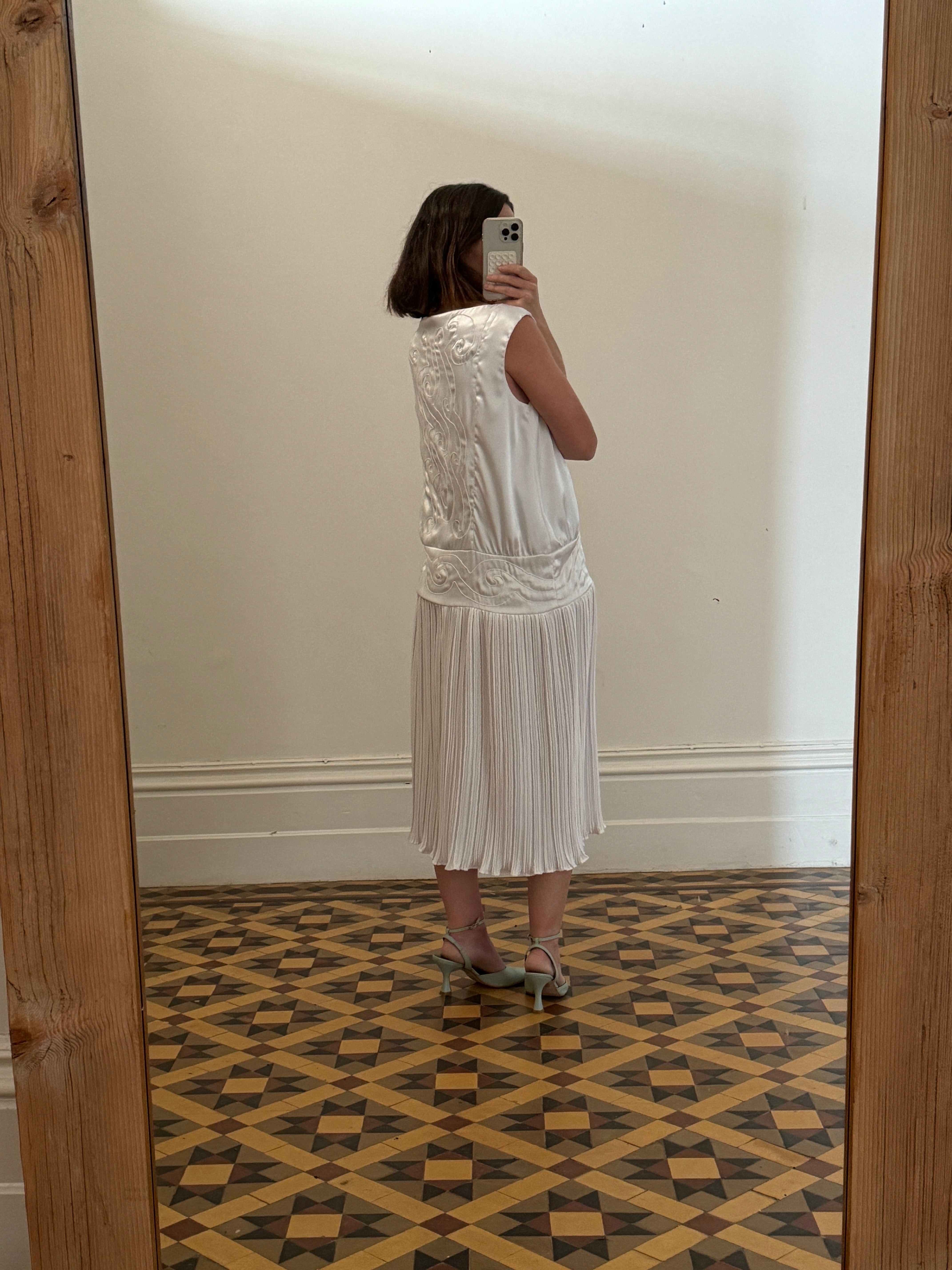 Vintage Embroidered White Satin Drop Waist Dress