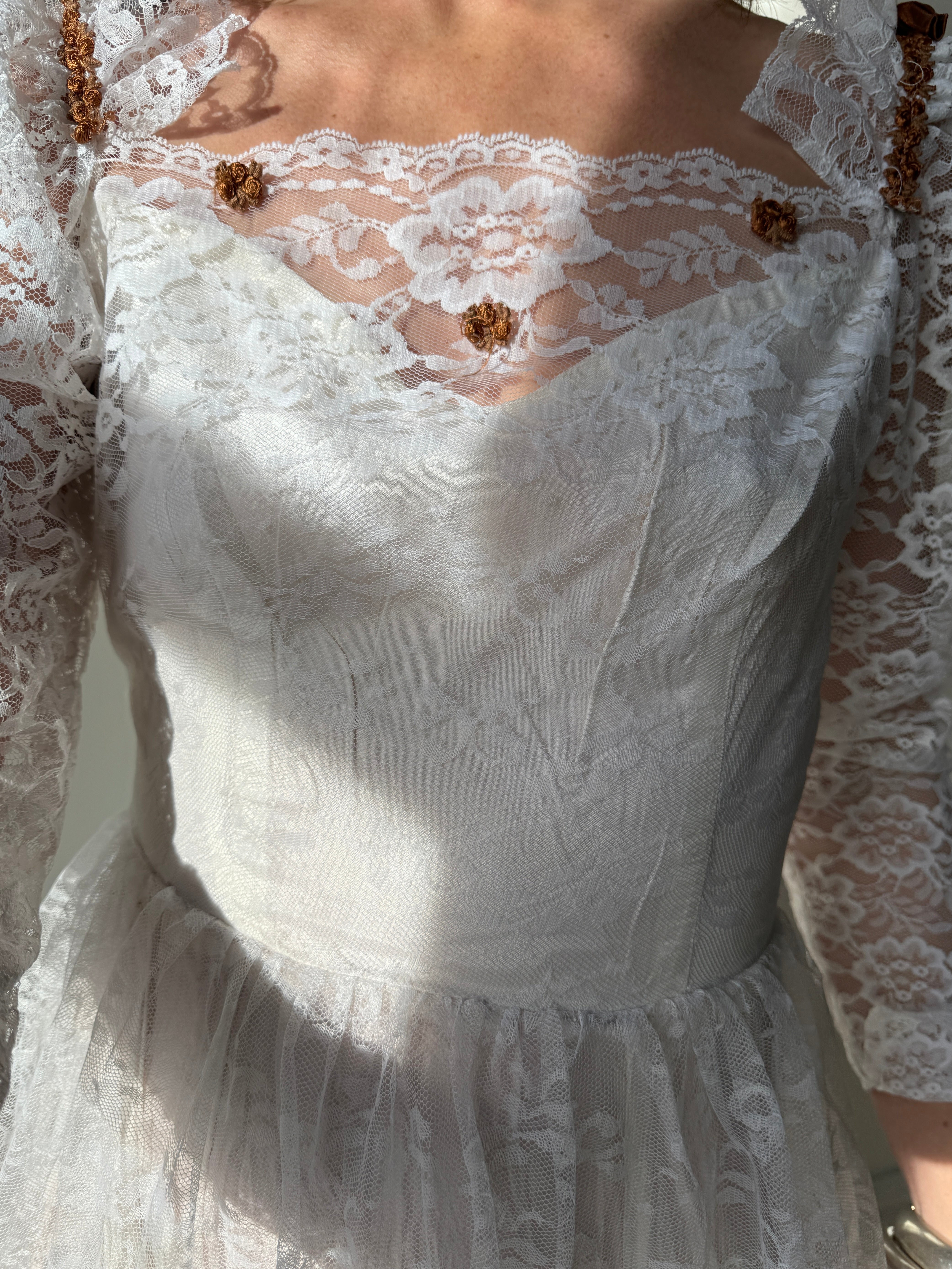 Vintage 70s Tiered Lace Wedding Dress with Brown Floral Embroidery