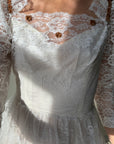 Vintage 70s Tiered Lace Wedding Dress with Brown Floral Embroidery
