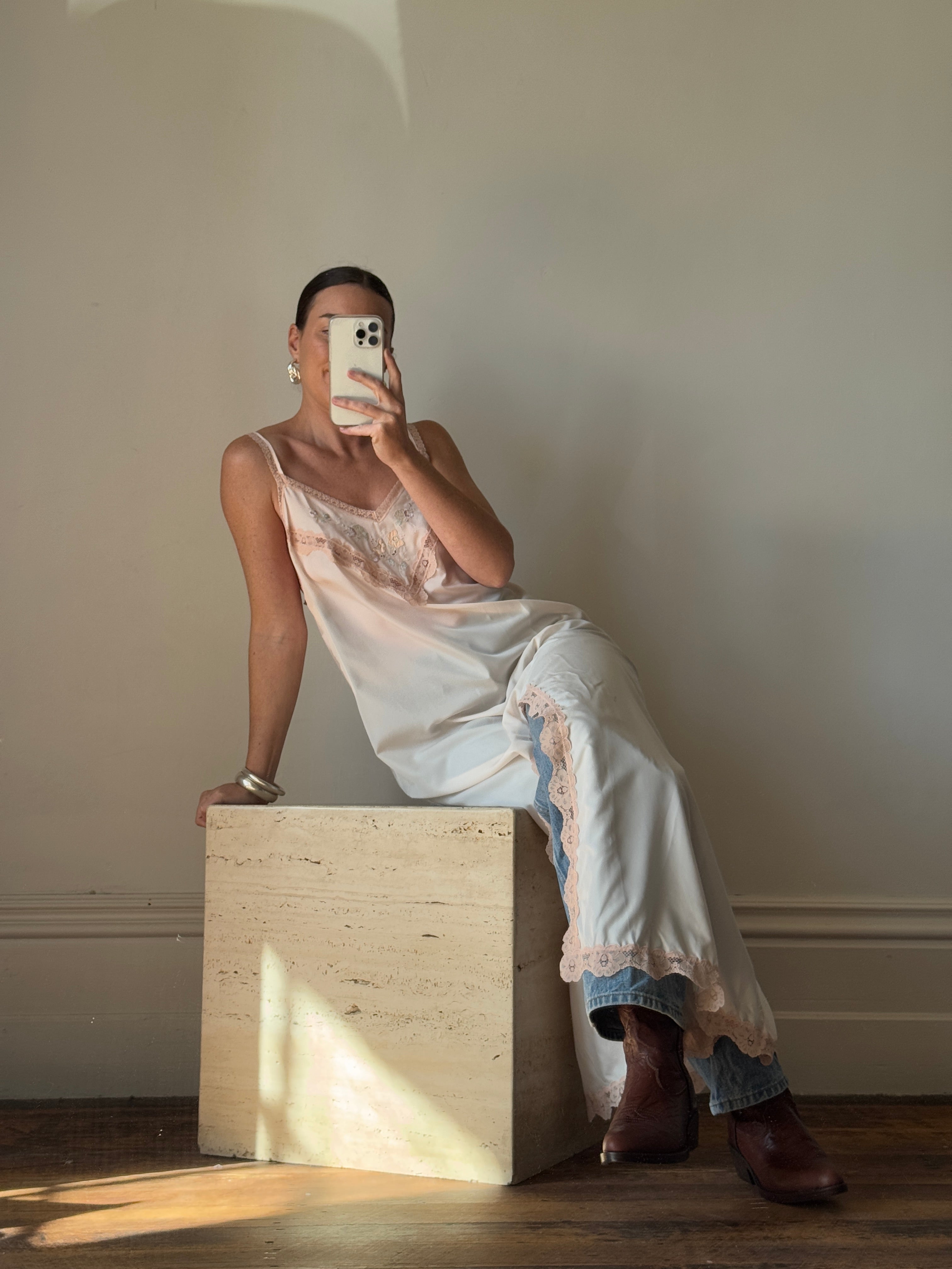 Vintage Embroidered Lace Midi Slip Dress Marshmallow