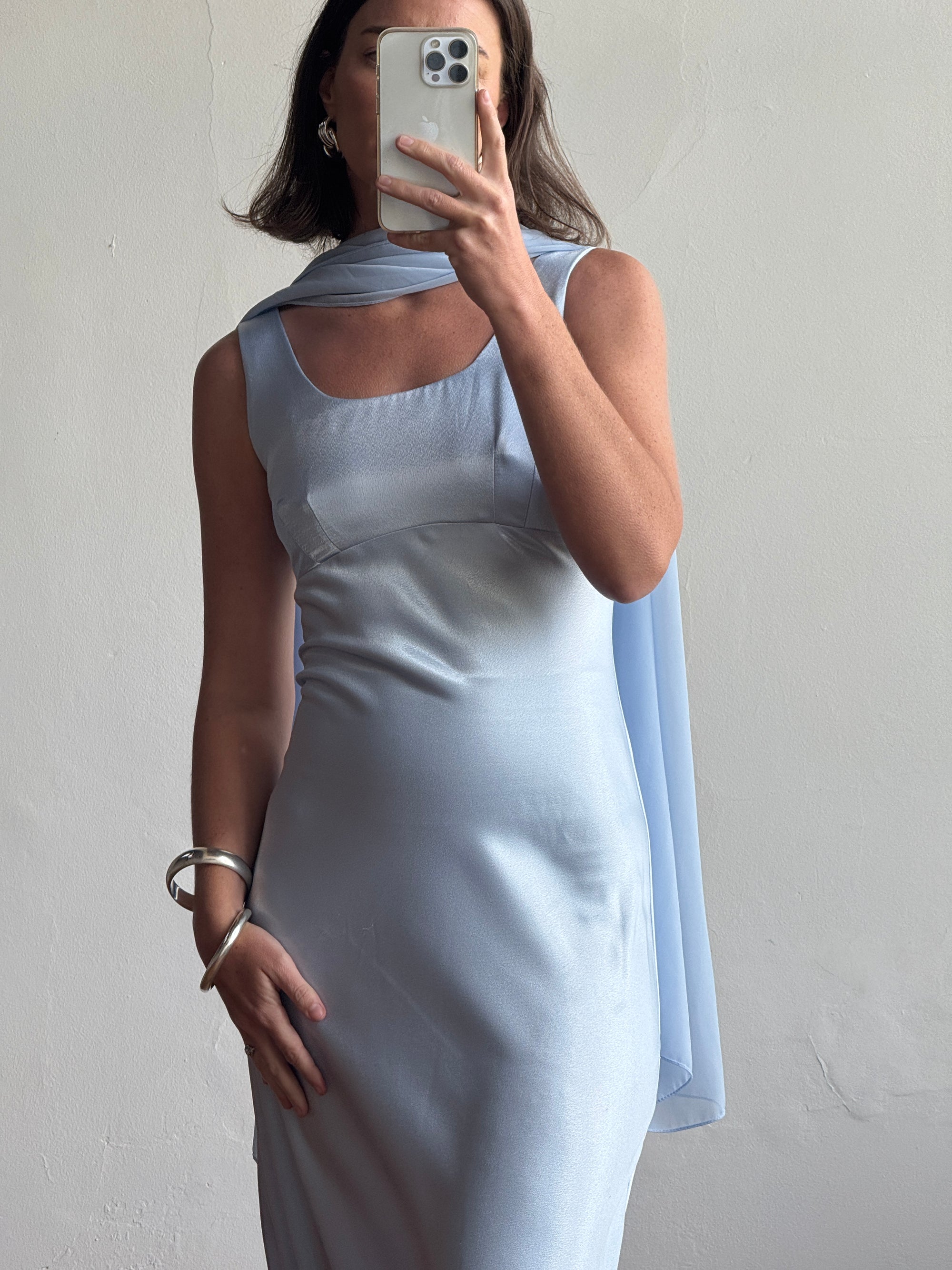 Vintage 90s Australian Made Satin Prom Dress with Scarf Ice Blue
