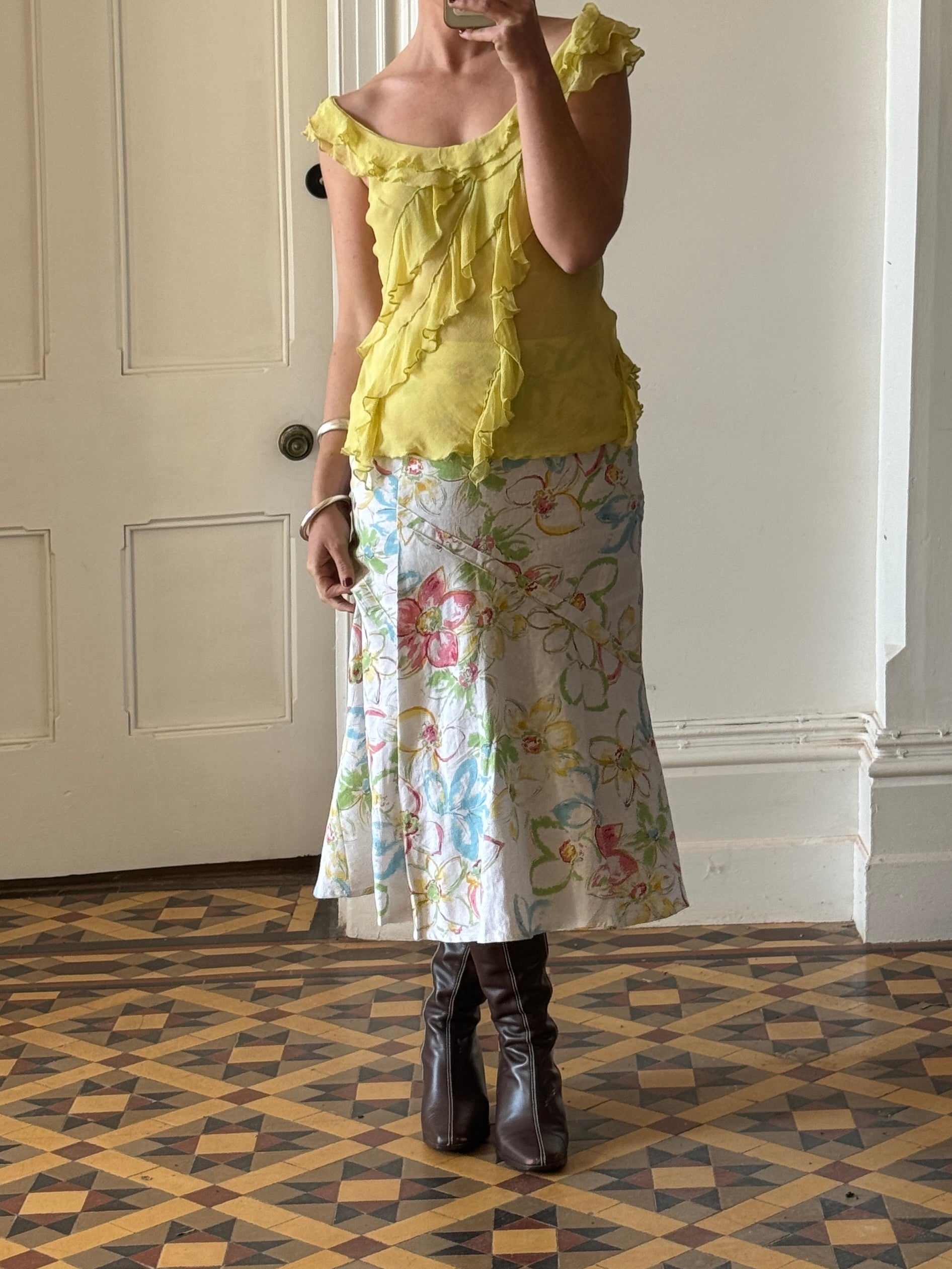 Vintage Y2K Cotton Painted Floral Midi Skirt