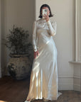 Vintage 40s Liquid Satin Wedding Gown Jester Lace Neckline