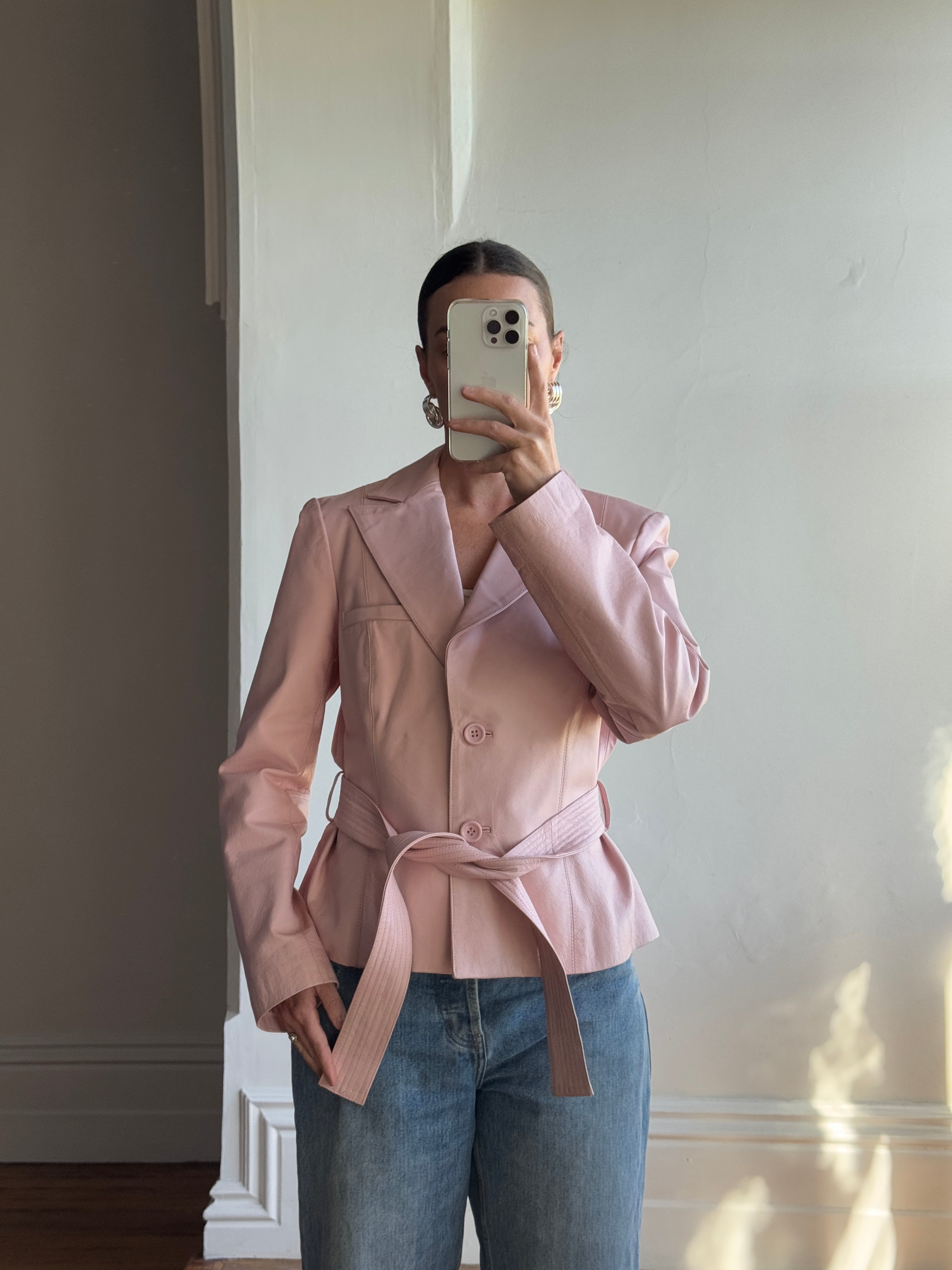 Vintage 90s Mini Trench Leather Jacket Baby Pink