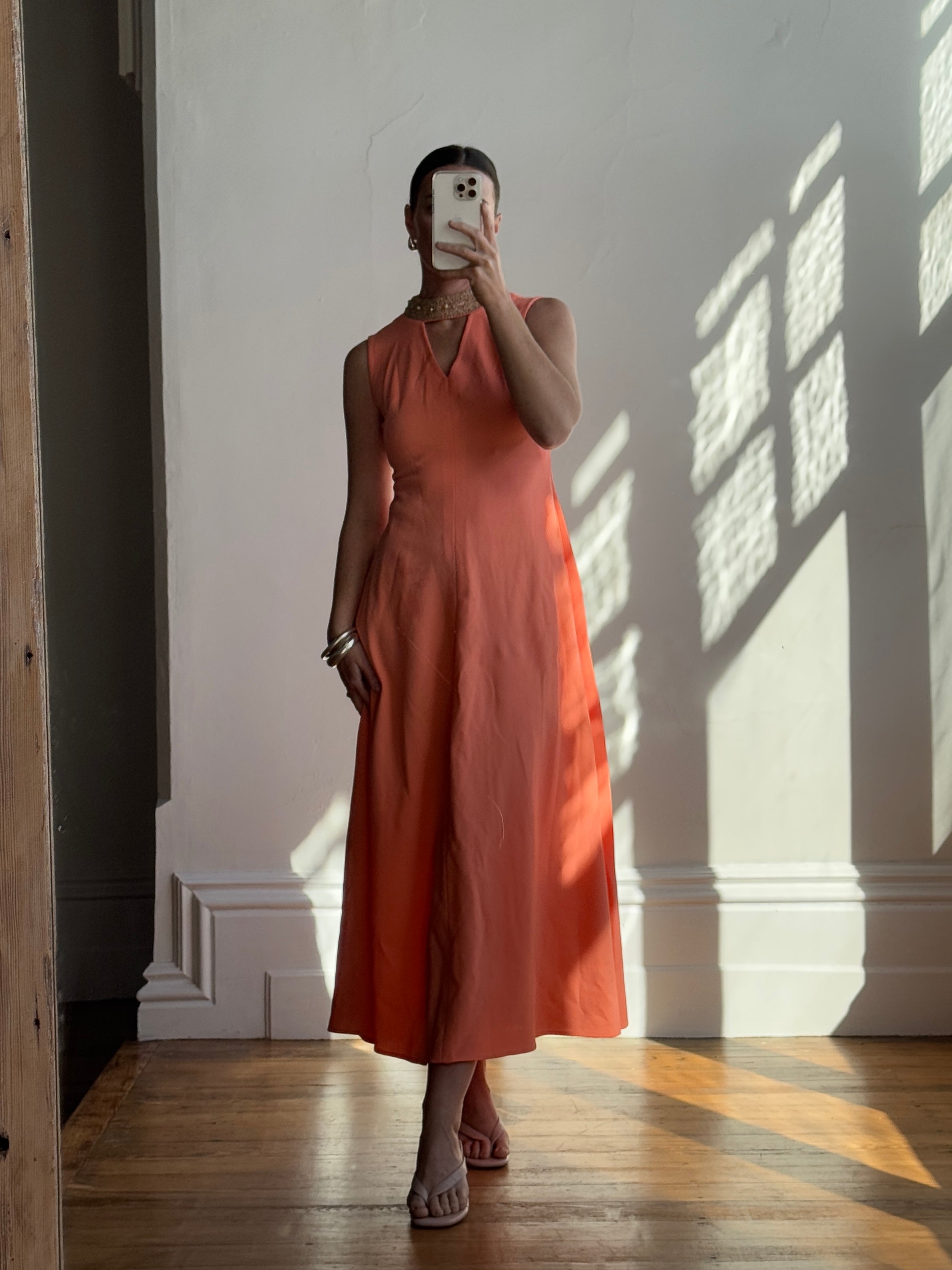 Vintage 70s Rhinestone Collared Sleeveless Dress Coral