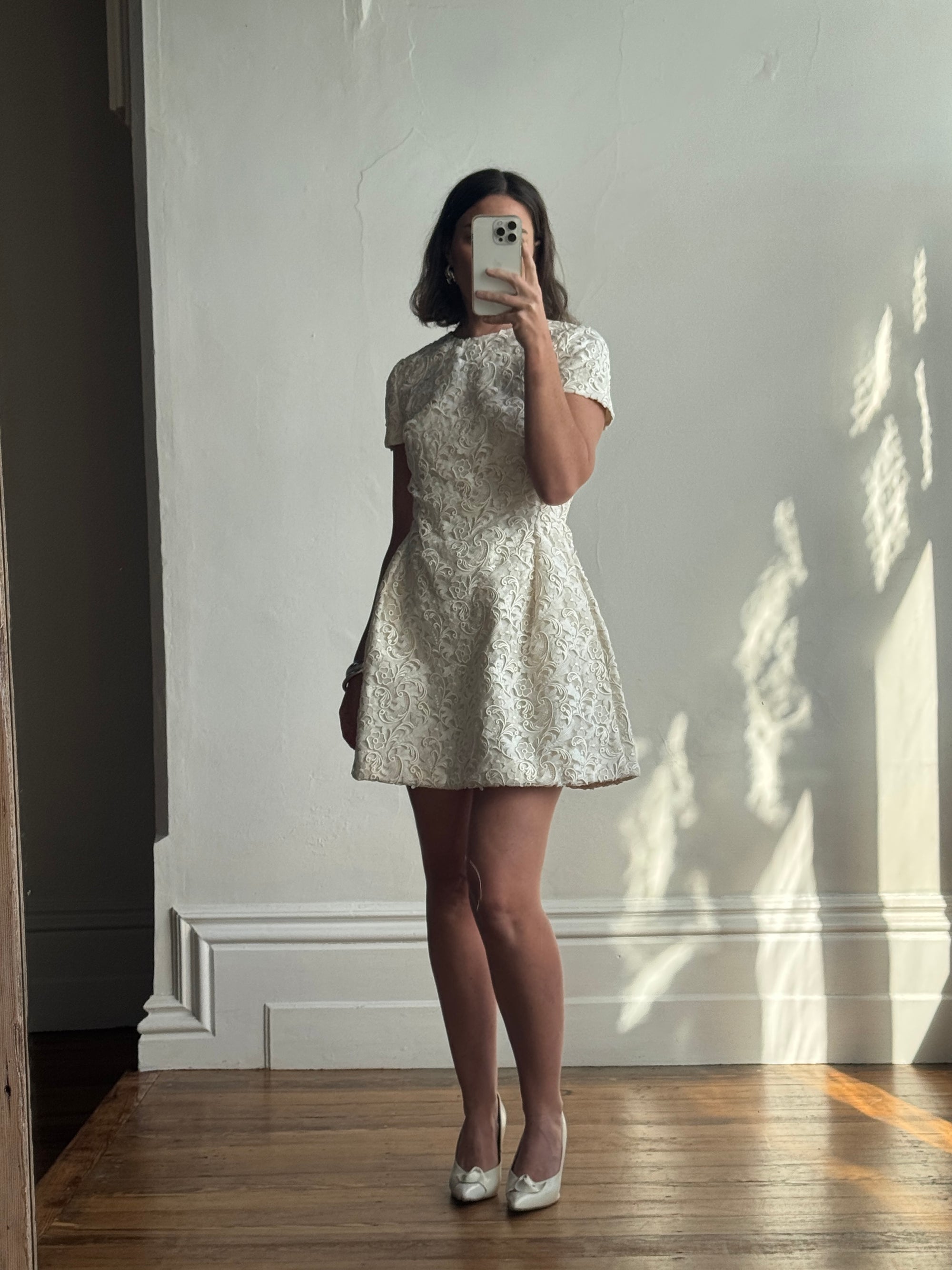 Vintage 90s Christian Dior Guipure Lace Structured Bridal Mini Creme