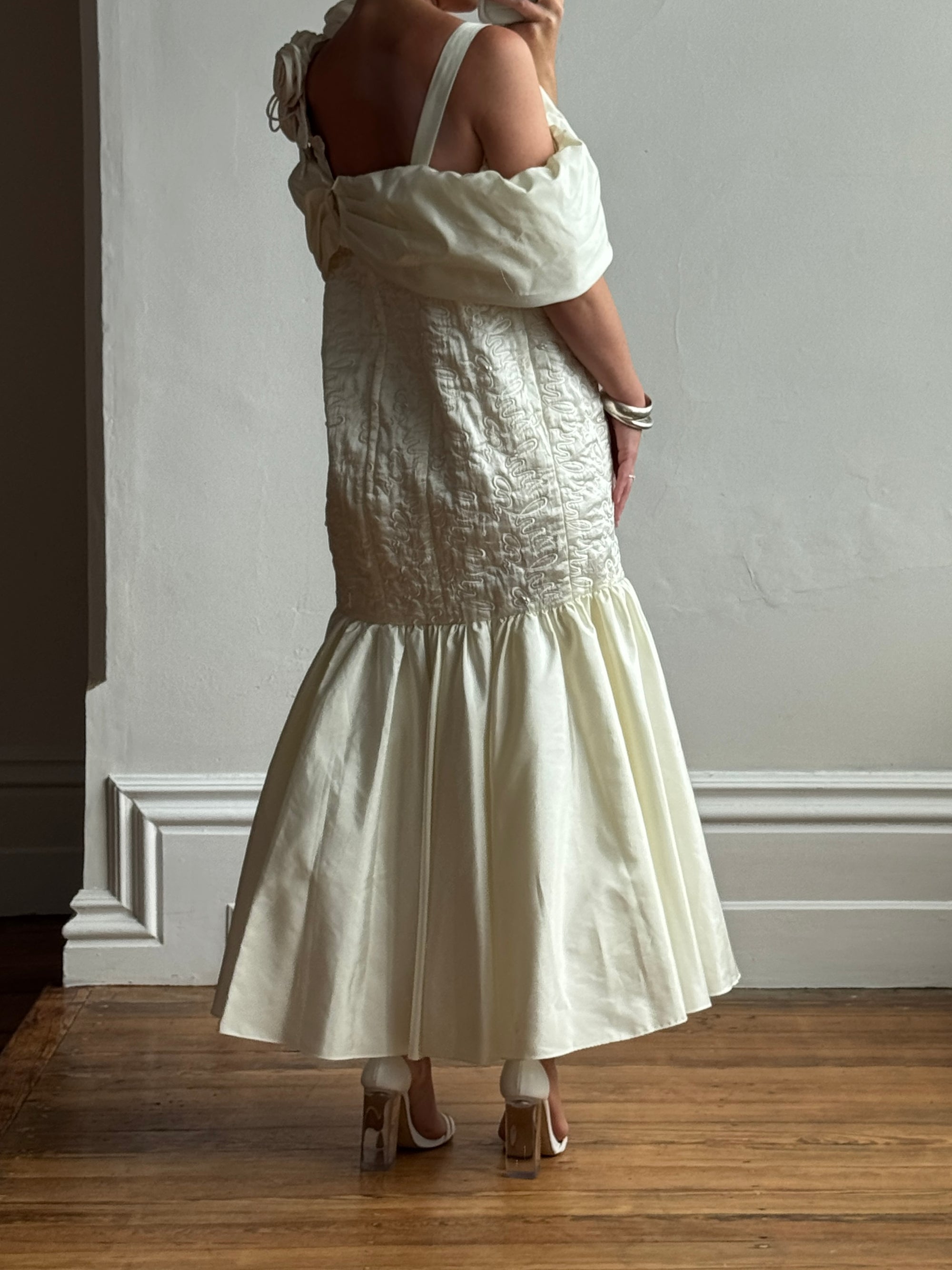 Vintage 80s Drop Waist Quilted Wedding Dress Creme