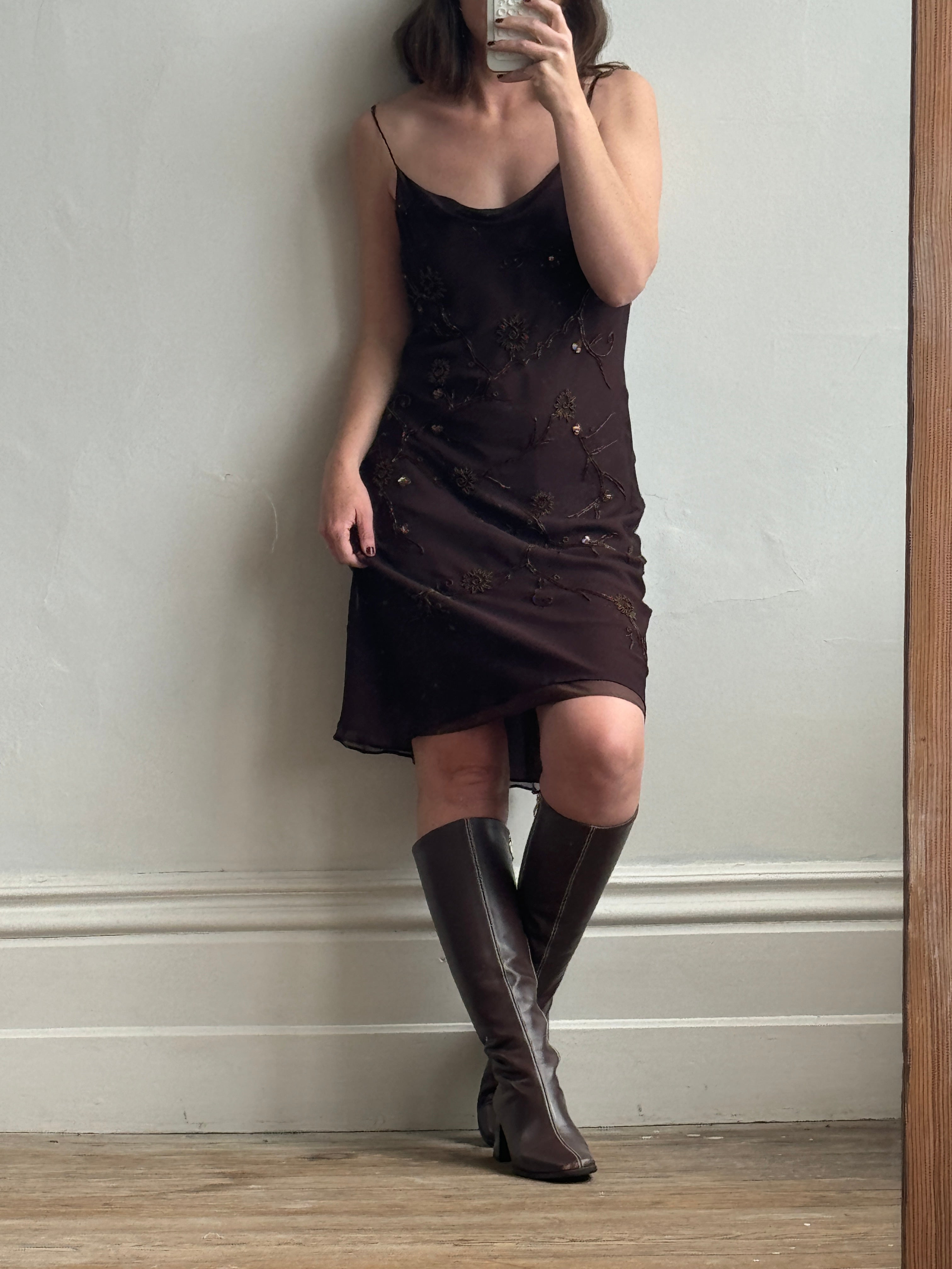 Vintage 90s Pure Silk Bias Cut Beaded Dress Brown