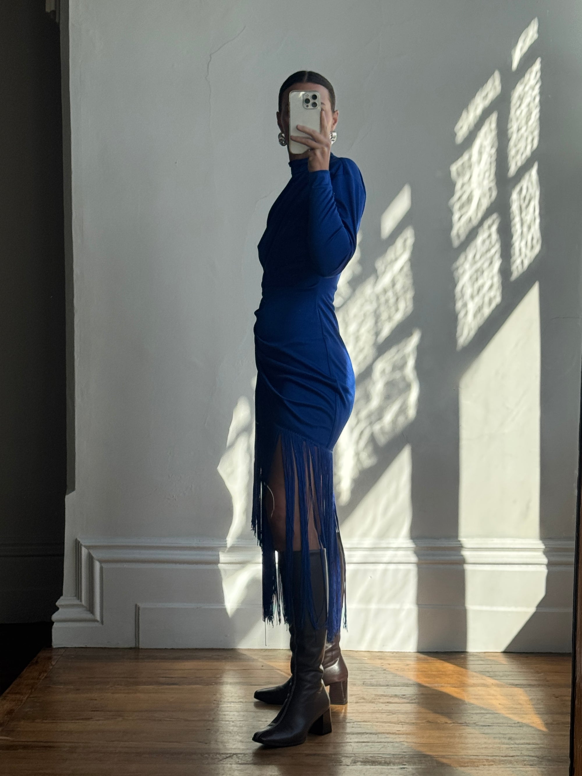 Vintage 80s Royal Blue Long Sleeve Fringe Dress