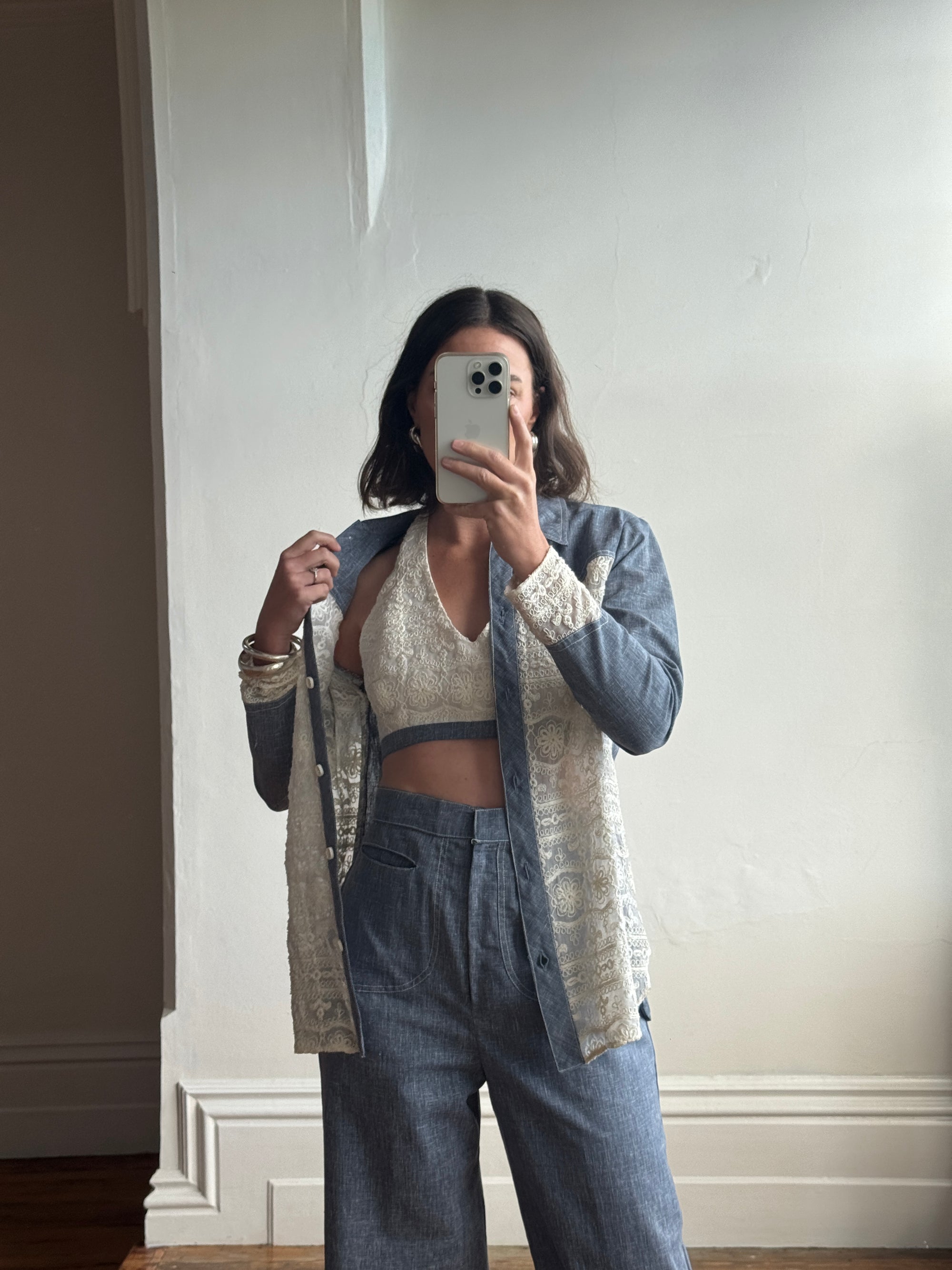 Vintage 70s 3 piece Chambray and Lace Western Set
