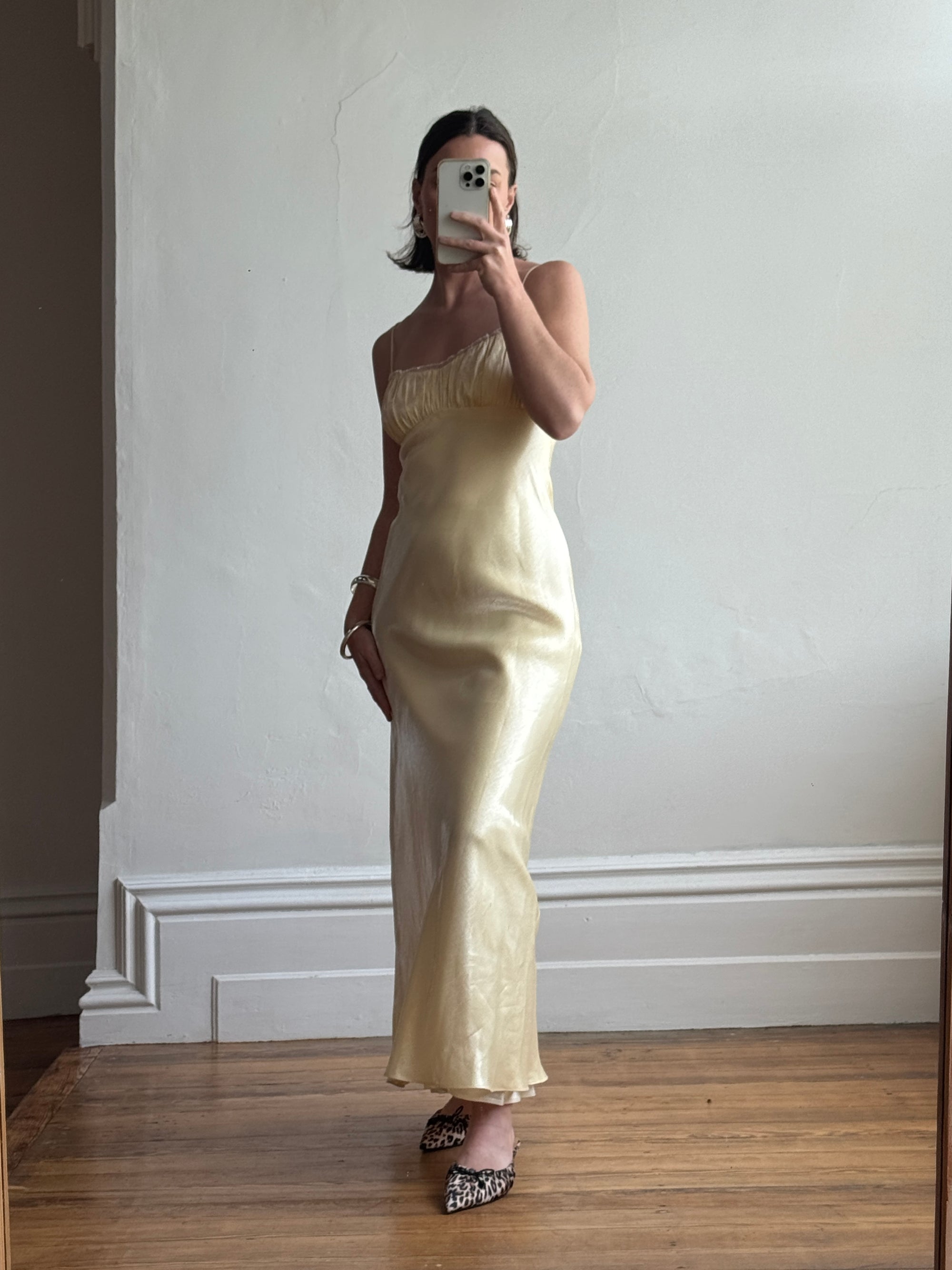 Vintage 90s Butter Yellow Organza Bias Slip Dress