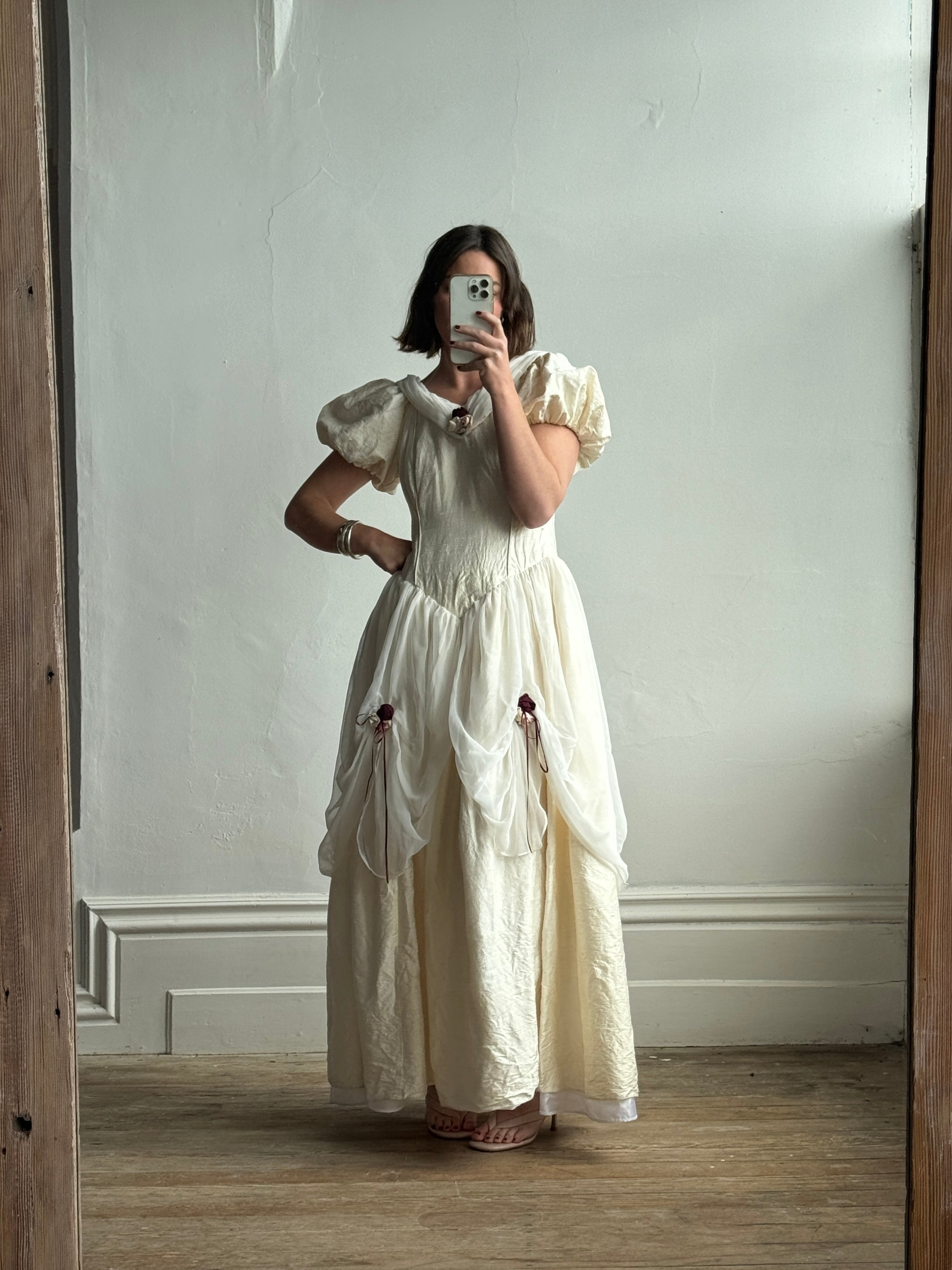 Vintage Silk Puff Sleeve Wedding Dress with Chiffon and Roses