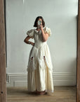 Vintage Silk Puff Sleeve Wedding Dress with Chiffon and Roses