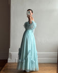 Vintage 80s Sky Blue Tulle Off Shoulder Party Dress