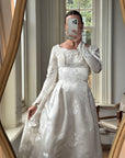 Vintage 60s Satin Jacquard Embellished Wedding Gown Ivory
