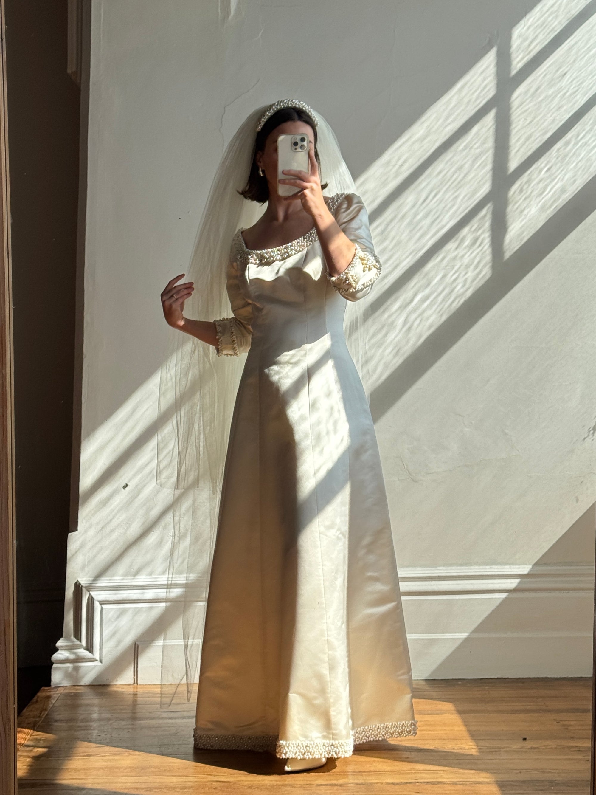Vintage 90s Pure Silk Satin Baroque Scoop Neck Wedding Gown and Veil