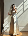 Vintage 90s Pure Silk Satin Baroque Scoop Neck Wedding Gown and Veil