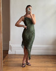 Vintage 90s Pure Silk Embellished Asymmetrical Midi Dress Olive