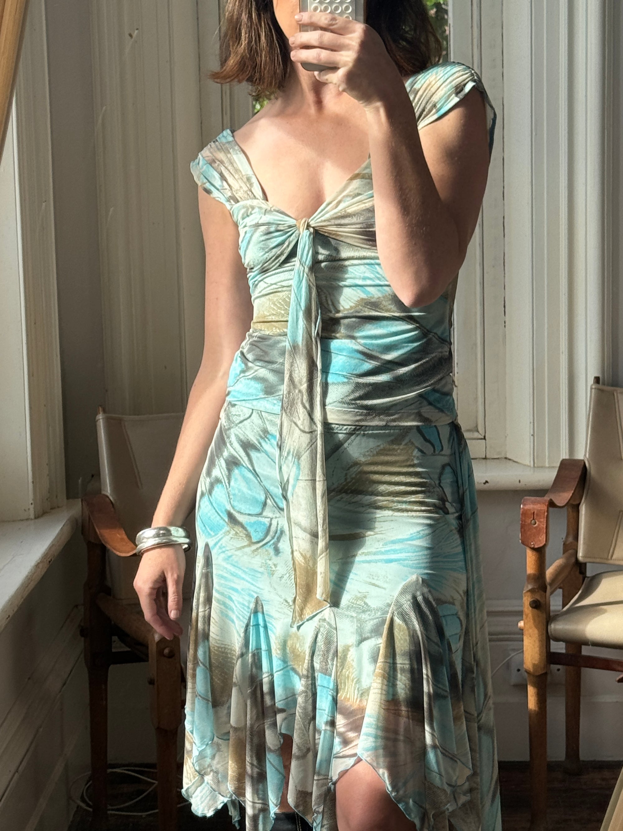 Vintage Y2K Butterfly Top and Skirt Set Aqua