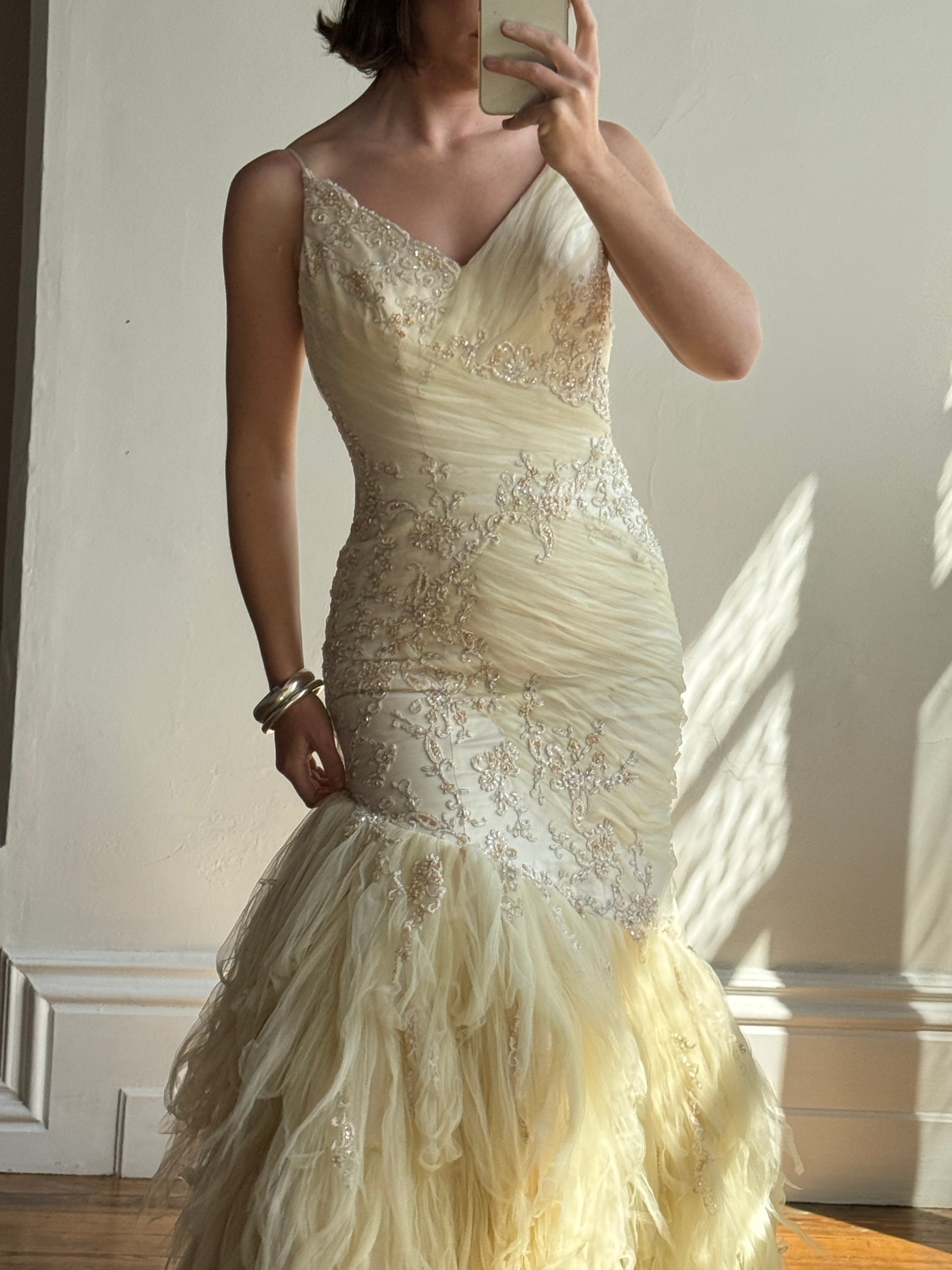 Vintage 90s Fishtail Beaded Tulle Wedding Gown Champagne