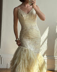 Vintage 90s Fishtail Beaded Tulle Wedding Gown Champagne