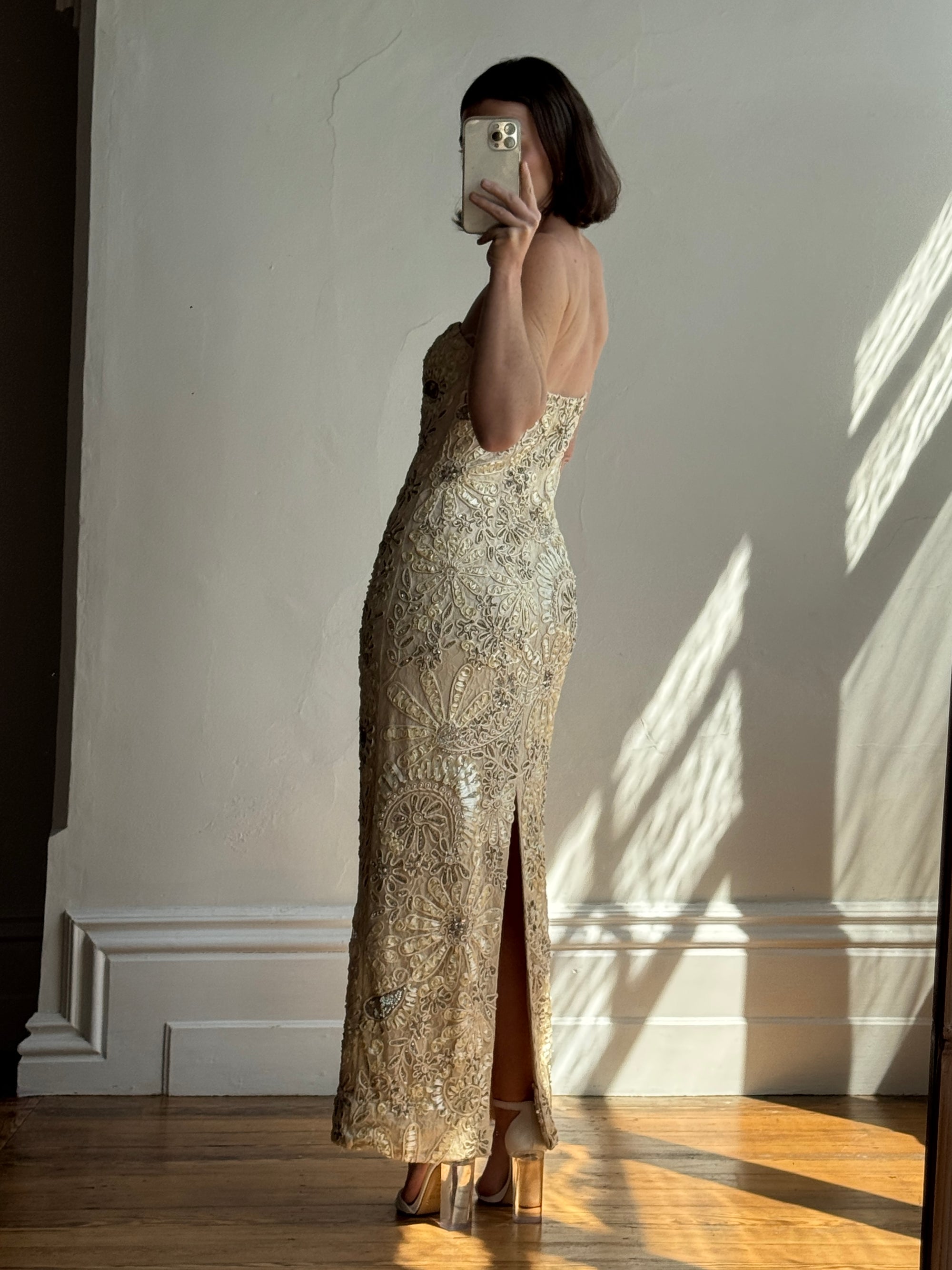 Vintage 90s Strapless Cream Ribbon Bead Embroidered Midi