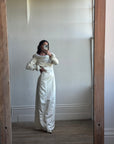 Vintage Fur Trim Long Sleeved Satin Wedding Dress