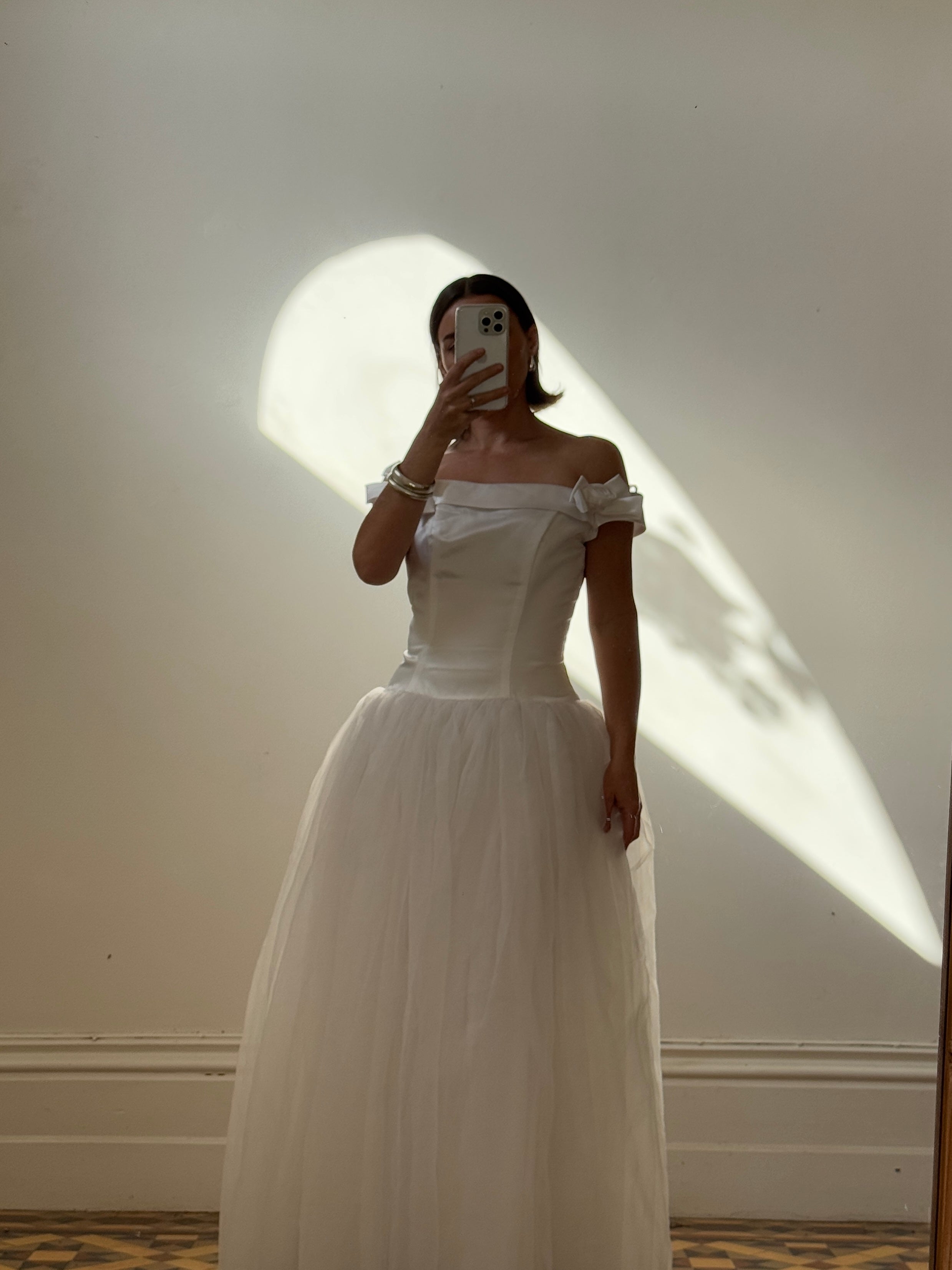 Vintage Y2K Satin Drop Waist Tulle Wedding Dress With Bows