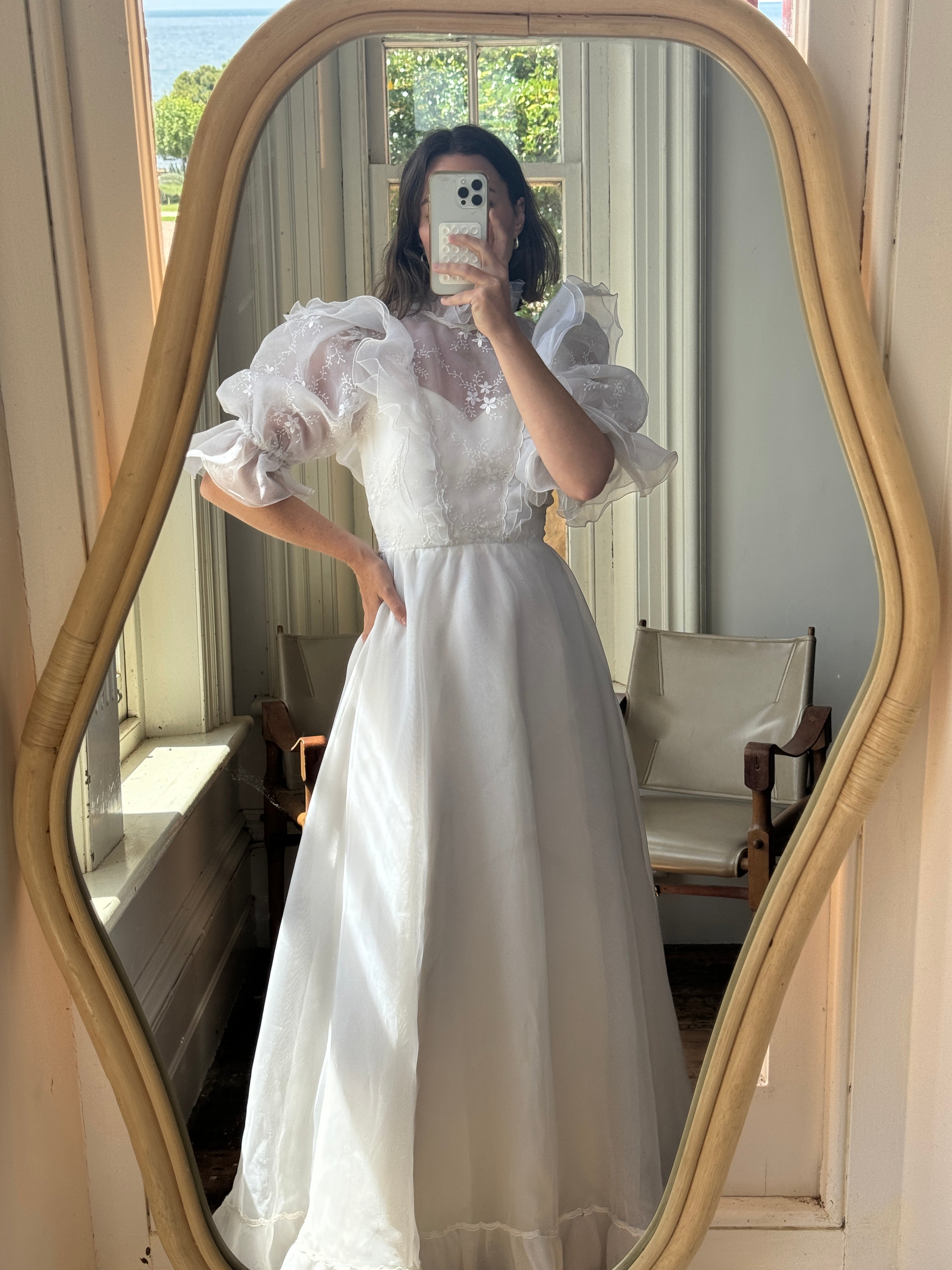 Vintage 80s Ruffled Sheer Organza Wedding Dress