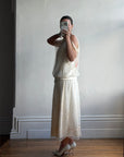 Vintage 80s Drop Waist Floral Sheer Midi Dress Creme