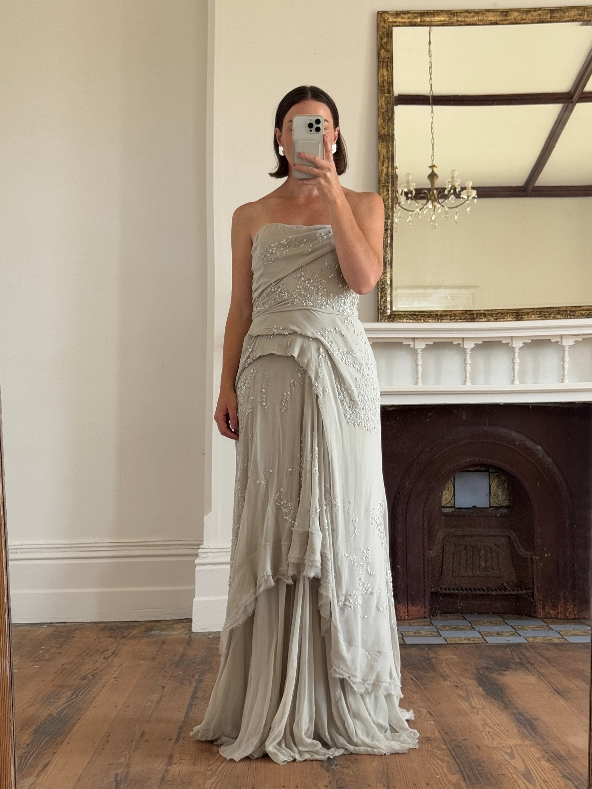 Archival Y2K J Mendel Pure Silk Beaded Wedding Dress Pale Grey