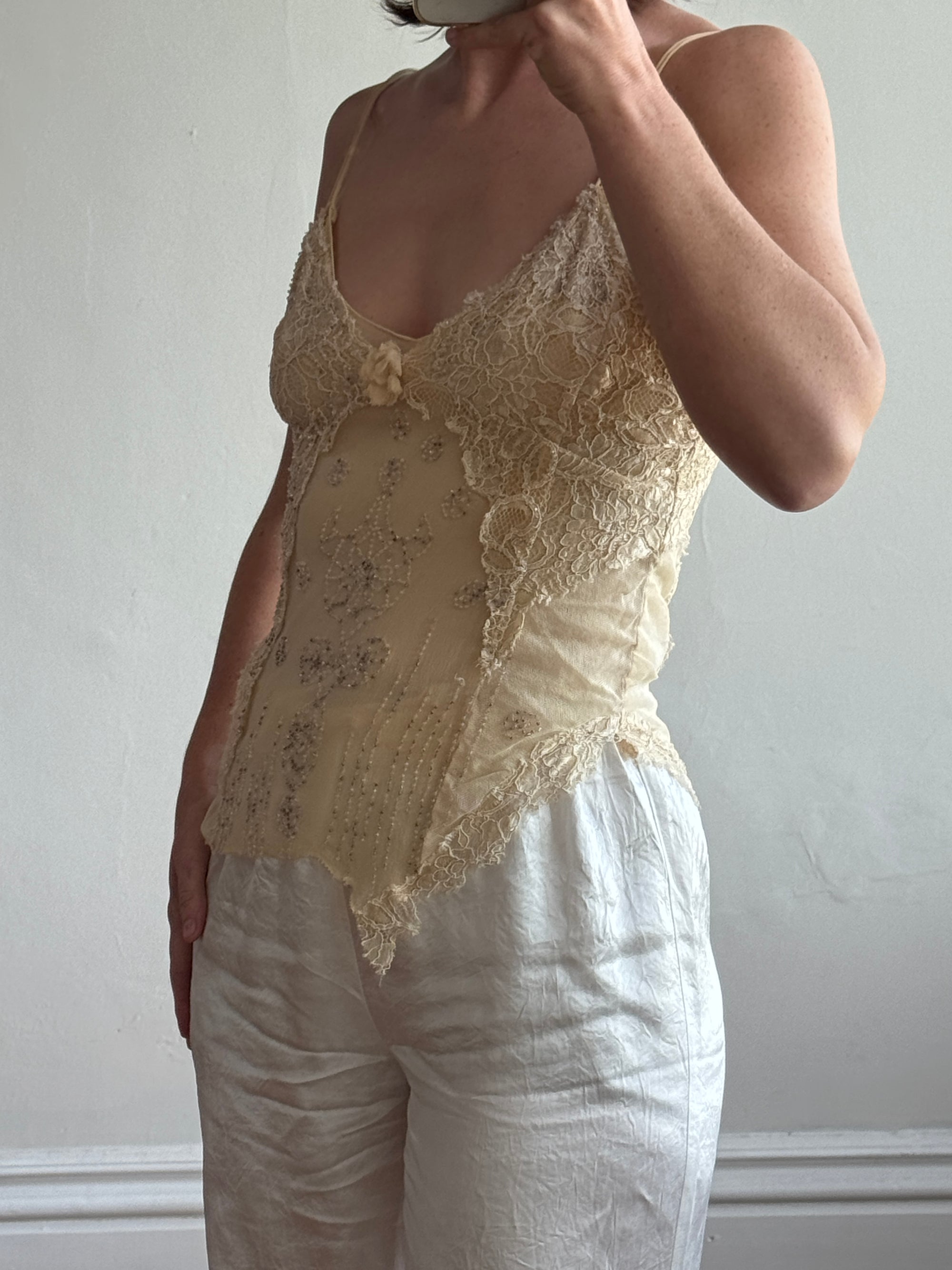 Vintage 90s DKNY Pure Silk Embroidered Camisole Creme