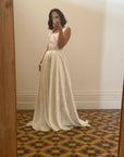 Vintage Satin Jacquard Floral Sleeveless Bridal Gown