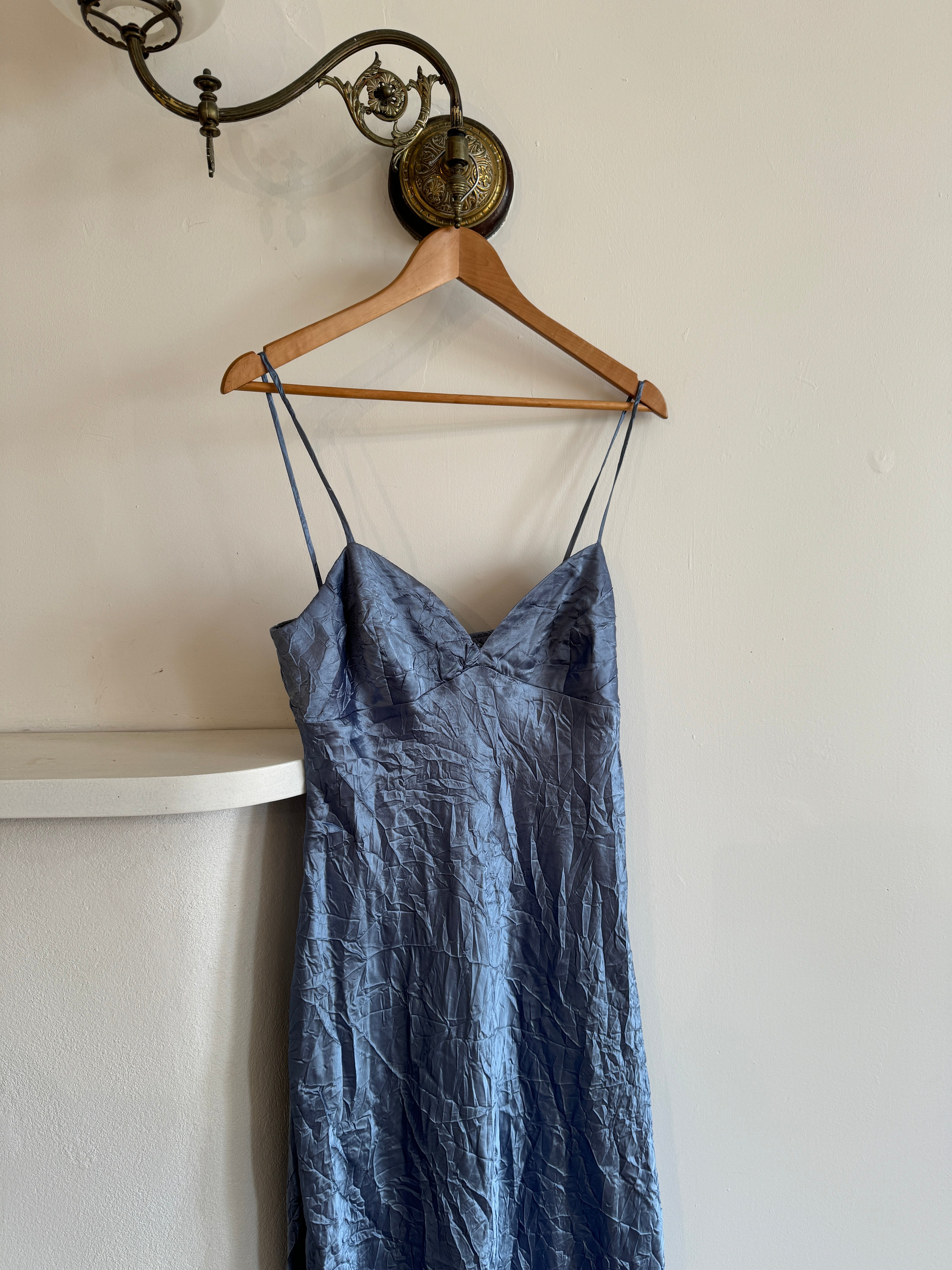 Vintage 90s Blue Crinkle Bias Slip Dress