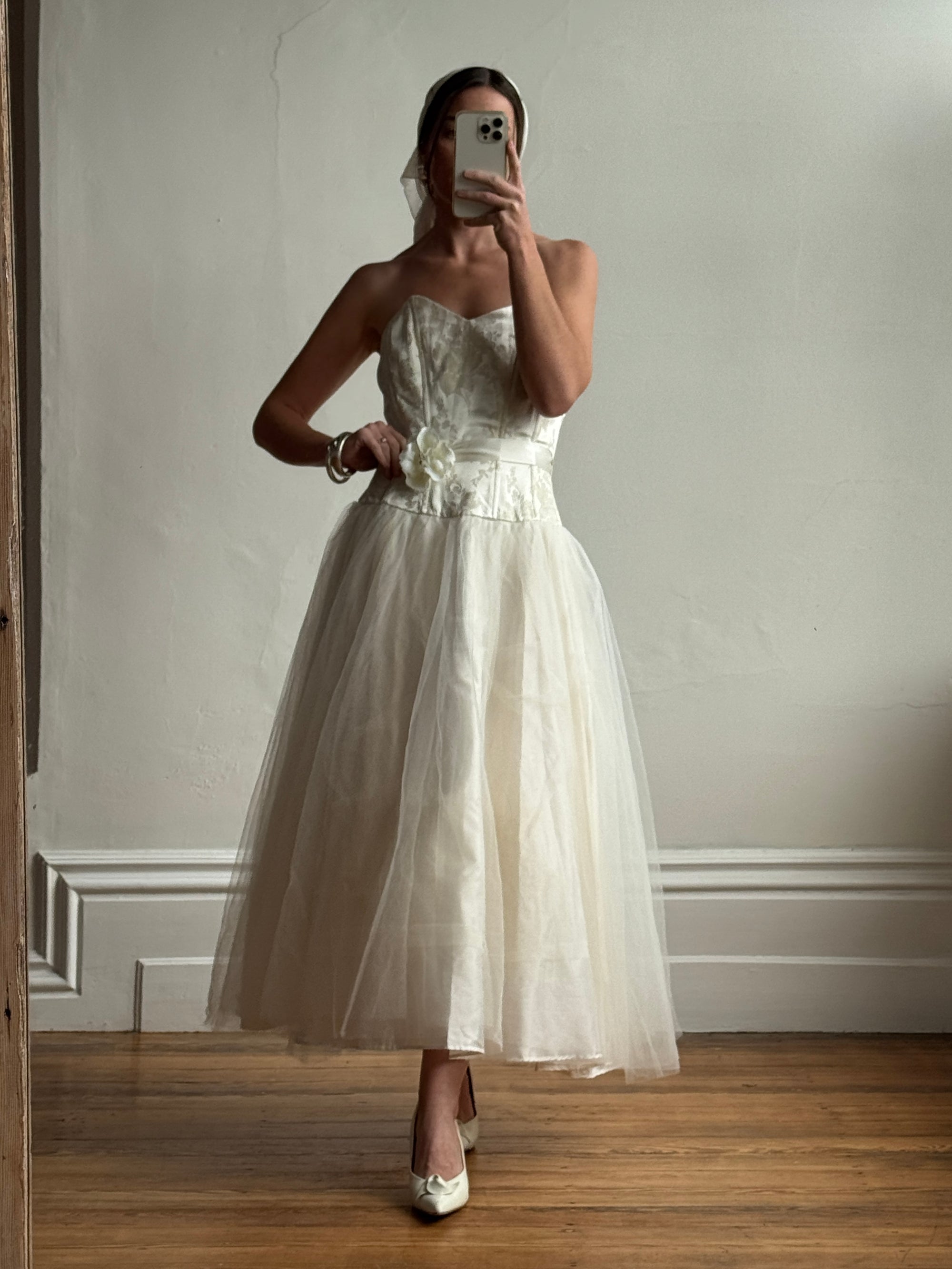 Vintage 50s Gold Brocade and Tulle Wedding Gown