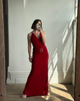 Vintage 90s Flame Red Ruffle Evening Dress with Rhinestone Belt