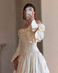 Vintage 90s Silk Dupion Off Shoulder Rosette Bridal Ballgown
