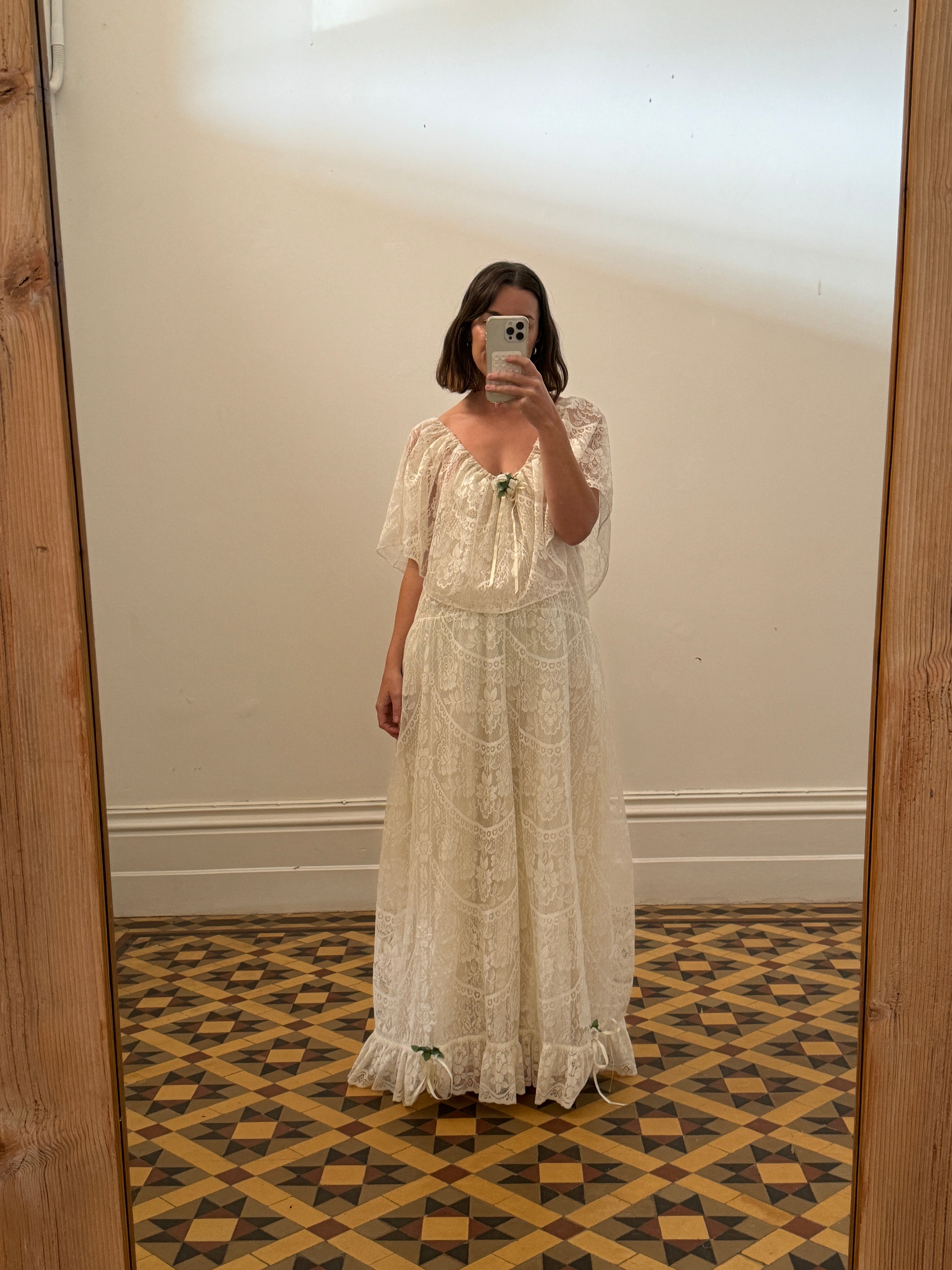 Vintage Lace Frilled Maxi Dress with Rose Applique