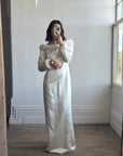 Vintage Fur Trim Long Sleeved Satin Wedding Dress